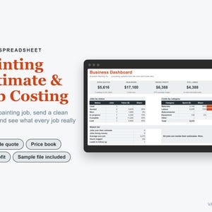 May include: An Excel spreadsheet template for painting estimate and job costing. The interface displays a business dashboard with financial metrics, job status tables, and cost categories. Text includes 'Painting Estimate & Job Costing'.