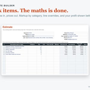 以下が含まれることがあります： 「ESTIMATE BUILDER」、「Pick items. The maths is done.」、「Quantities in, prices out. Markup by category, line overrides, and your profit shown before you send.」というテキストとスプレッドシートが表示されたデジタル見積もり作成インターフェース。