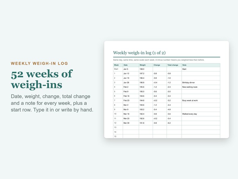 Weight Loss Tracker Printable and Fillable PDF, Weigh In Log, Body Measurements, Progress Chart image 3