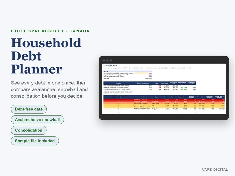 May include: An Excel spreadsheet titled Household Debt Planner for Canada. The interface displays a payoff plan with input fields and a table comparing debt strategies like avalanche, snowball, and consolidation, with buttons for debt-free date and sample files.