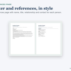 May include: A two-page document template featuring a cover letter on the left and a references page on the right. The text includes the name Jordan Taylor, contact details, and a list of professional references with names, titles, and contact info.