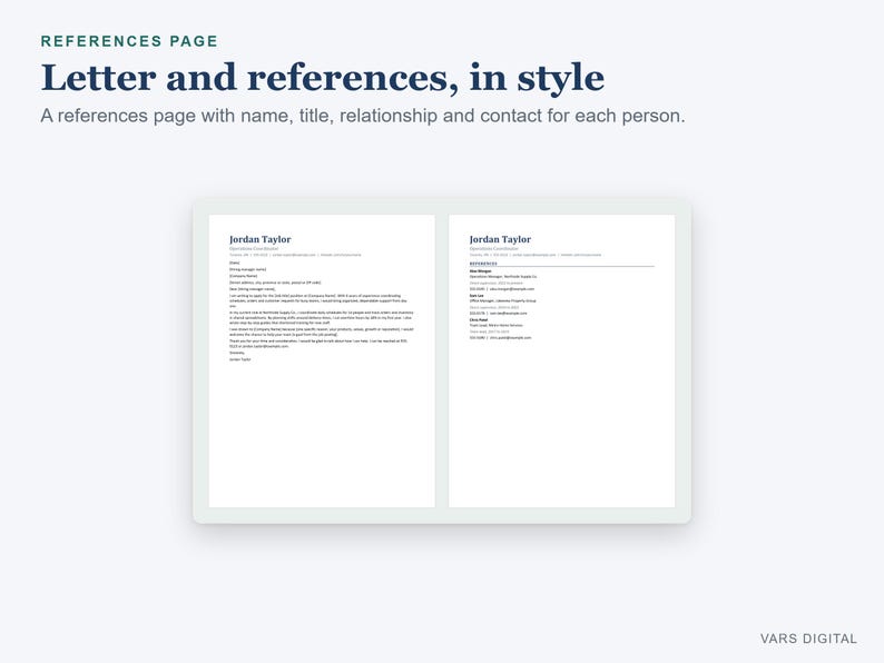 May include: A two-page document template featuring a cover letter on the left and a references page on the right. The text includes the name Jordan Taylor, contact details, and a list of professional references with names, titles, and contact info.