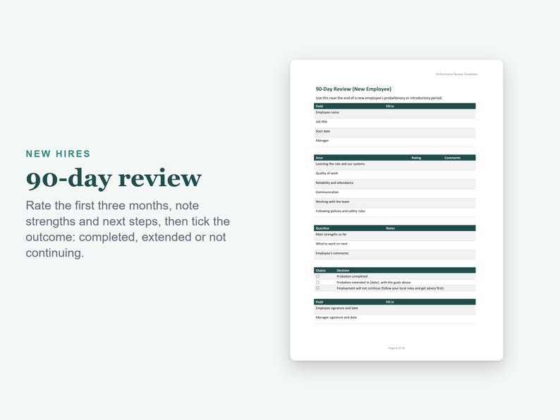 Performance Review Template, Employee Evaluation Forms in Word, 90 Day Review and Self Assessment image 4