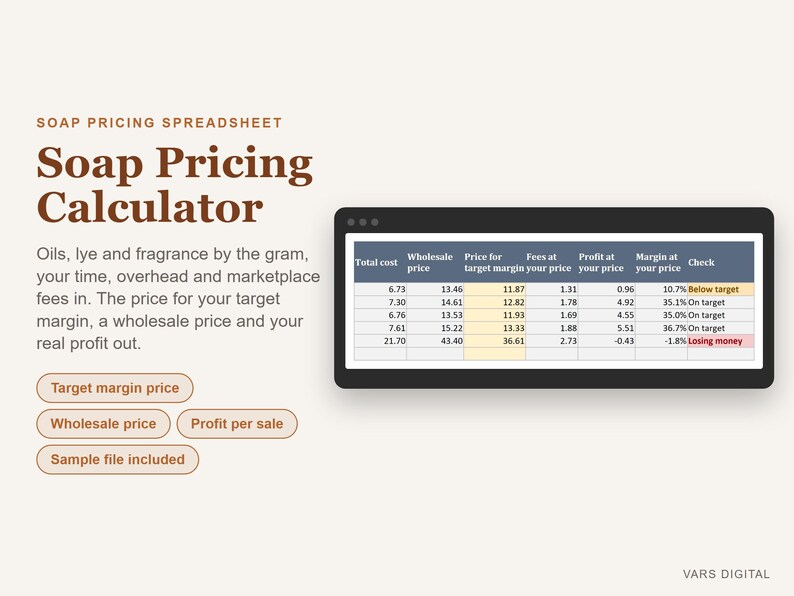 Soap Pricing Calculator Spreadsheet, Soap Making Cost Calculator Excel, Handmade Soap Business Pricing Template image 1