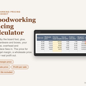 Feuille de calcul des prix pour le travail du bois, Calculateur de coûts pour une entreprise de travail du bois (Excel), Modèle de tarification pour projets de menuiserie artisanale image 1