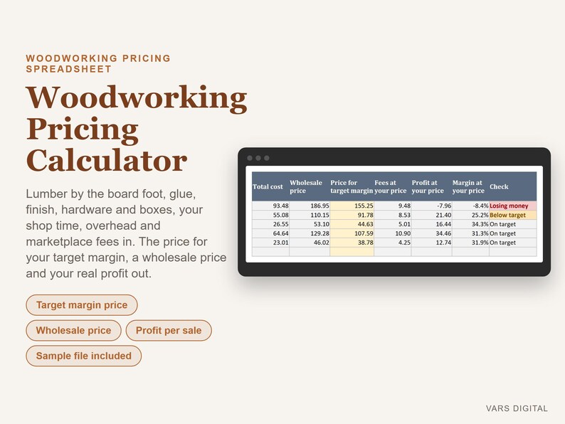 Feuille de calcul des prix pour le travail du bois, Calculateur de coûts pour une entreprise de travail du bois (Excel), Modèle de tarification pour projets de menuiserie artisanale image 1