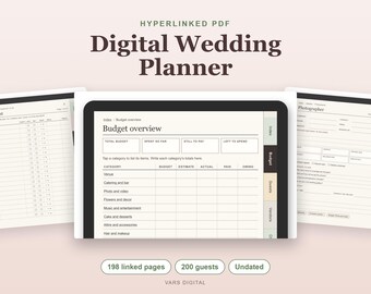 Digital Wedding Planner, Undated Hyperlinked PDF for Tablets, Budget, Guest List, Vendors, Checklist