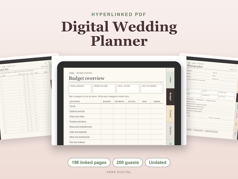 Digital Wedding Planner, Undated Hyperlinked PDF for Tablets, Budget, Guest List, Vendors, Checklist zdjęcie 1