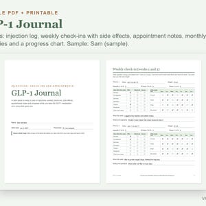Diario GLP1 imprimible y editable en PDF, registro de inyecciones, seguimiento de efectos secundarios, planificador de pérdida de peso. imagen 2