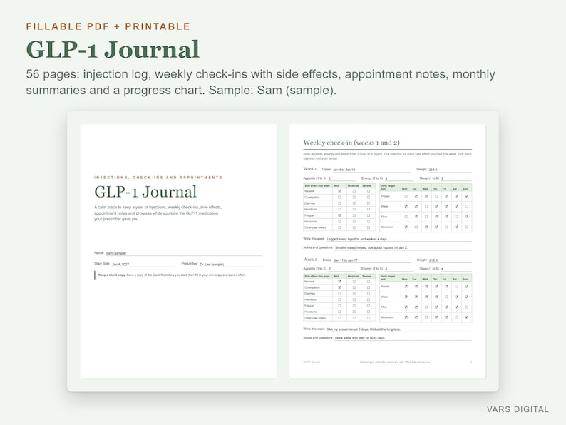 Diario GLP1 imprimible y editable en PDF, registro de inyecciones, seguimiento de efectos secundarios, planificador de pérdida de peso. imagen 2