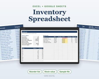 May include: An inventory spreadsheet for Excel and Google Sheets featuring a central dashboard with stock at a glance, a reorder list, and monthly units in and out. The display includes side panels showing item names, categories, and SKU details.