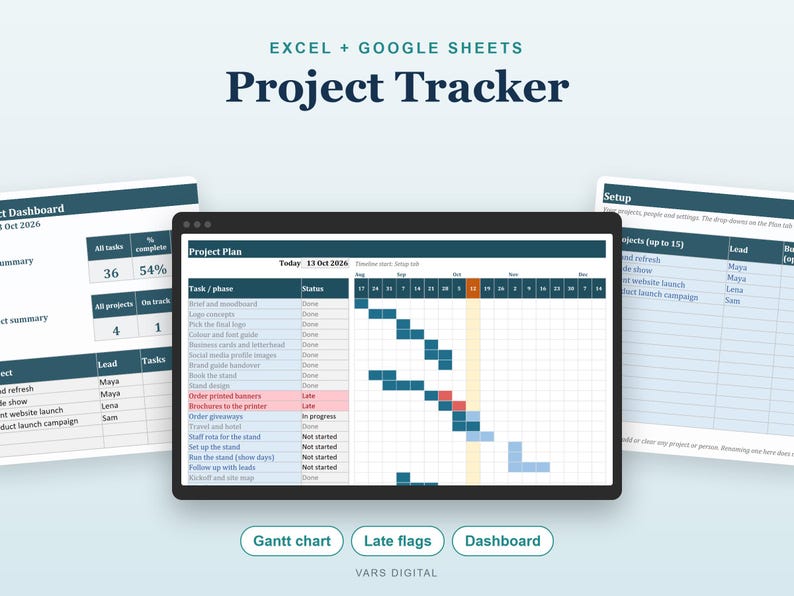 Feuille de calcul Excel de suivi de projet avec diagramme de Gantt, tableau de bord multi-projets (téléchargement numérique) image 1