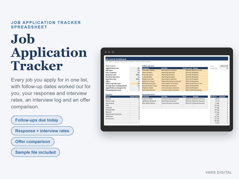 Bewerbungs-Tracker-Tabelle, Nachfass- und Angebotsvergleich (Digitaler Download) Bild 1