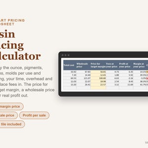 Op de afbeelding: Een digitaal rekenblad voor het prijzen van harskunst met een donker omrande tabel met kolommen voor totale kosten, groothandelsprijs, doelwinstmarge, kosten, winst en margepercentage. Tekst bevat Resin Art Pricing Spreadsheet en Resin Pricing Calculator.