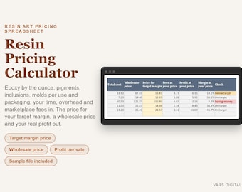 Hoja de cálculo para calcular precios de resina, calculadora de costos de resina epoxi para arte en Excel, plantilla de precios para negocios de resina