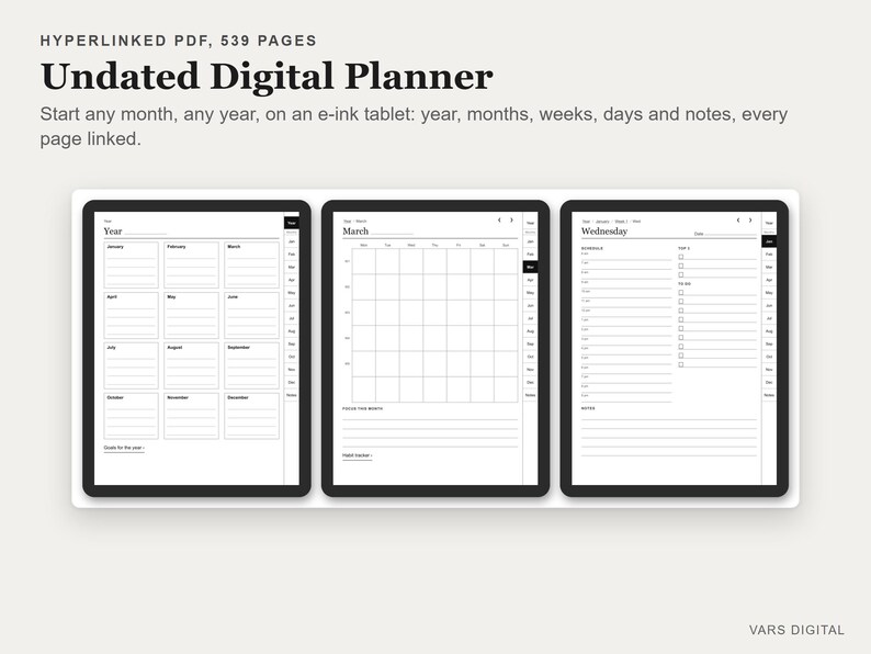 Undated Digital Planner, Hyperlinked PDF for E-Ink Tablets, Portrait, Daily Weekly Monthly, Habit Tracker image 2