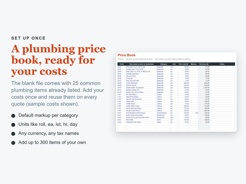 May include: A digital plumbing price book template featuring a spreadsheet with columns for code, item name, category, unit, cost, markup, and sell price. The text reads: SET UP ONCE, A plumbing price book, ready for your costs, and Price Book.