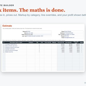 Auto Detailing Business Spreadsheet, Car Detailing Pricing Calculator, Excel Quote & Job Costing Template image 3