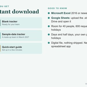 May include: A digital product information graphic titled Instant download. It lists three files: a blank tracker, a sample-data tracker, and a quick-start guide. The text includes requirements for Microsoft Excel 2016 or newer and Google Sheets.
