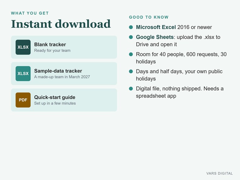 May include: A digital product information graphic titled Instant download. It lists three files: a blank tracker, a sample-data tracker, and a quick-start guide. The text includes requirements for Microsoft Excel 2016 or newer and Google Sheets.