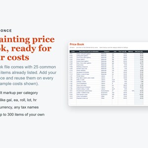 May include: A digital spreadsheet template titled Price Book featuring 25 pre-listed painting items with columns for code, item name, category, unit, cost, markup, and sell price. The text includes Set up once, A painting price book, ready for your costs.