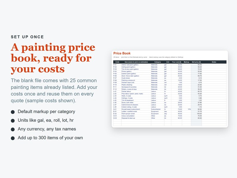 May include: A digital spreadsheet template titled Price Book featuring 25 pre-listed painting items with columns for code, item name, category, unit, cost, markup, and sell price. The text includes Set up once, A painting price book, ready for your costs.