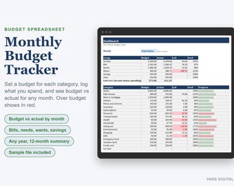 Monthly Budget Spreadsheet, Budget vs Actual Tracker, Bills and Savings (Digital Download)