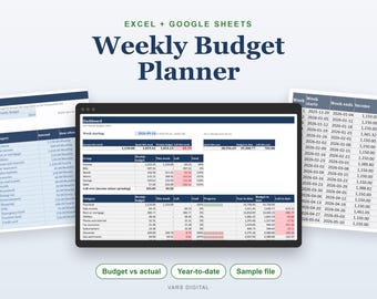 Pode incluir: Um planejador de orçamento semanal digital para Excel e Google Sheets com um painel central, uma lista de categorias e uma tabela de cronograma semanal. A interface exibe dados financeiros, receitas, despesas e barras de progresso.