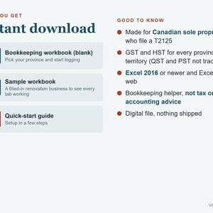 K&ouml;nnte beinhalten: Ein digitales Buchhaltungs-Arbeitsbuch f&uuml;r kanadische Einzelunternehmer. Enth&auml;lt eine leere XLSX-Datei, eine XLSX-Beispieldatei und eine PDF-Schnellstartanleitung. Textdetails zur T2125-Einreichung, GST- und HST-Nachverfolgung.
