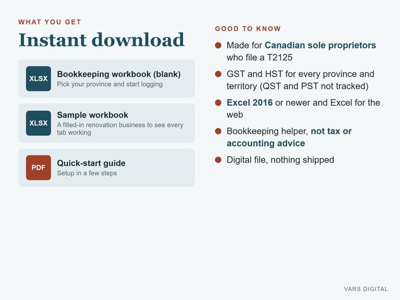 K&ouml;nnte beinhalten: Ein digitales Buchhaltungs-Arbeitsbuch f&uuml;r kanadische Einzelunternehmer. Enth&auml;lt eine leere XLSX-Datei, eine XLSX-Beispieldatei und eine PDF-Schnellstartanleitung. Textdetails zur T2125-Einreichung, GST- und HST-Nachverfolgung.