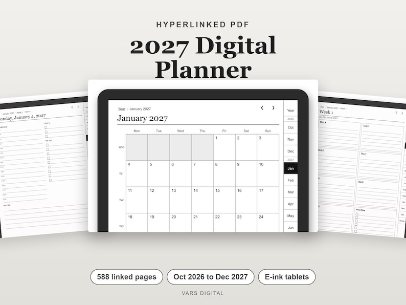 Digitale planner 2027, PDF met hyperlinks voor e-ink tablets (oktober 2026 - december 2027) afbeelding 1