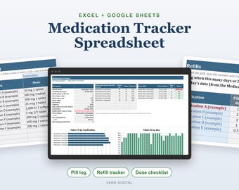 Pode incluir: Uma planilha digital de rastreamento de medicamentos para Excel e Google Sheets exibida em uma tela. A interface apresenta um registro de medicamentos, rastreador de recargas e lista de verificação de doses com tabelas e gráficos azuis.