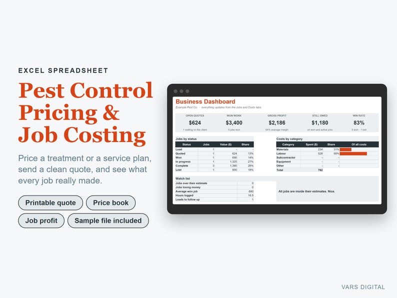Pest Control Business Spreadsheet, Pricing Calculator, Excel Quote & Job Costing Template image 1
