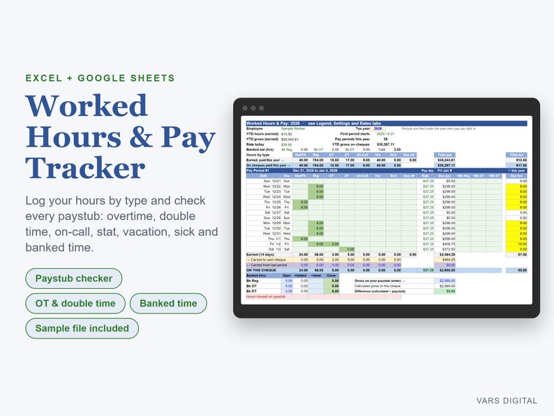Timesheet Template Excel, Work Hours Tracker & Paystub Checker for Hourly Workers image 1