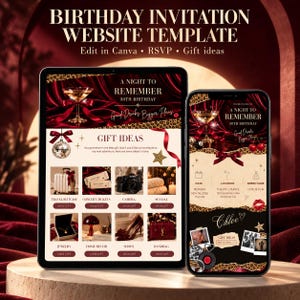 May include: A digital birthday invitation website template displayed on a tablet and smartphone. The design features a red and black colour scheme with leopard print accents, a martini glass, and text reading A Night to Remember 30th Birthday.