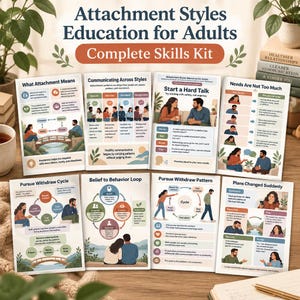 May include: A complete skills kit titled Attachment Styles Education for Adults, featuring eight educational cards with illustrations and text explaining attachment patterns, communication strategies, and relationship dynamics for personal growth.