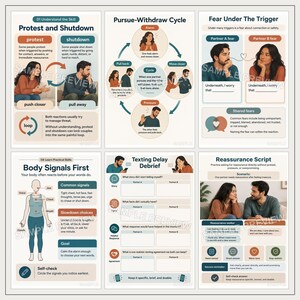 May include: A set of six educational therapy worksheets for couples, featuring illustrations and text about relationship dynamics, including Protest and Shutdown, Pursue-Withdraw Cycle, Fear Under The Trigger, Body Signals First, Texting Delay Debrief, and Reassurance Script.