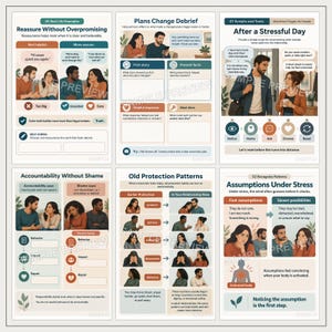 May include: A set of six educational worksheets for couples featuring illustrations of people, text headers like Reassure Without Overpromising, Plans Change Debrief, After a Stressful Day, Accountability Without Shame, Old Protection Patterns, and Assumptions Under Stress.