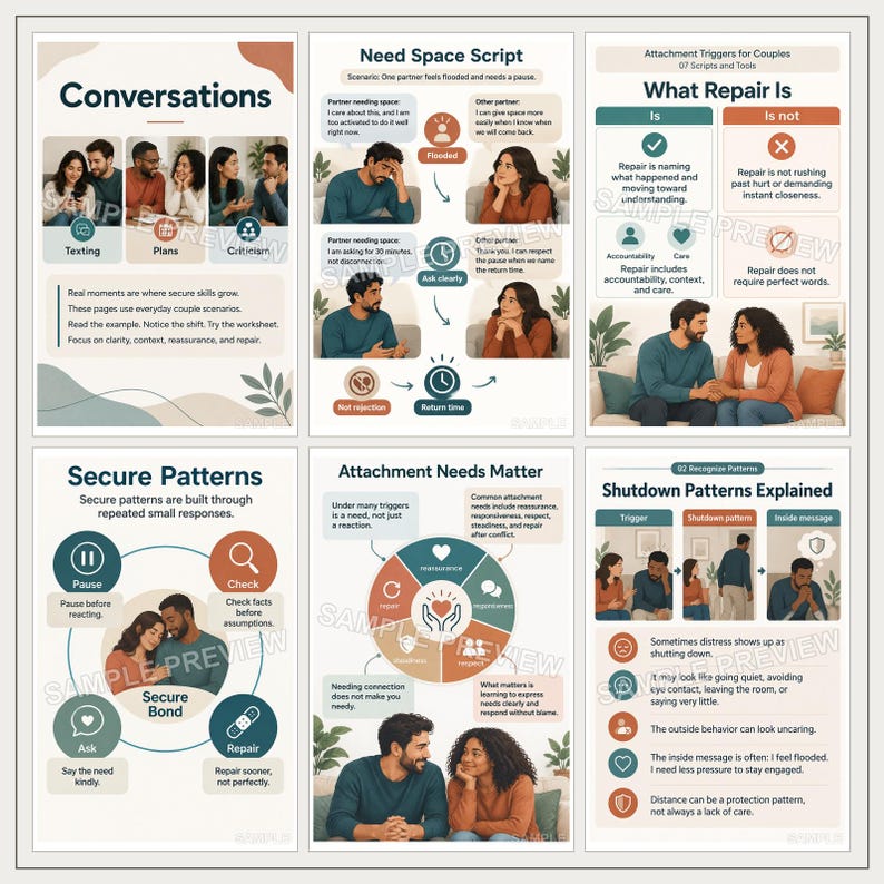 May include: A six-panel educational infographic set titled Attachment Triggers for Couples, featuring illustrations of couples, diagrams, and text explaining communication scripts, repair strategies, secure patterns, and shutdown behaviors.