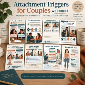 May include: A workbook titled Attachment Triggers for Couples featuring relationship worksheets and secure attachment skills. The set includes eight instructional cards with illustrations, text, and self-check sections for partners to practice communication.