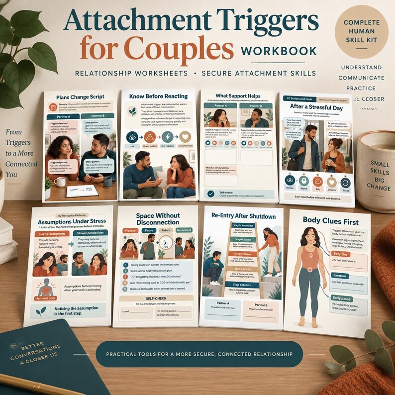 May include: A workbook titled Attachment Triggers for Couples featuring relationship worksheets and secure attachment skills. The set includes eight instructional cards with illustrations, text, and self-check sections for partners to practice communication.