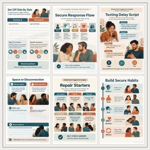 May include: A set of six educational posters for couples titled Set Off Side By Side, Secure Response Flow, Texting Delay Script, Space or Disconnection, Repair Starters, and Build Secure Habits, featuring illustrations and text guides.