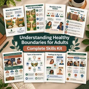 May include: A collection of eight educational posters titled Understanding Healthy Boundaries for Adults Complete Skills Kit. The documents feature illustrations, diagrams, and text explaining concepts like time, friendship, and dating boundaries.