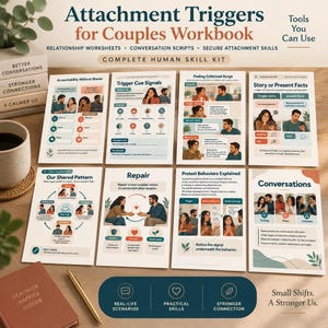 May include: A workbook titled Attachment Triggers for Couples featuring eight instructional pages with illustrations of couples, relationship worksheets, conversation scripts, and skill-building exercises for improving communication and connection.