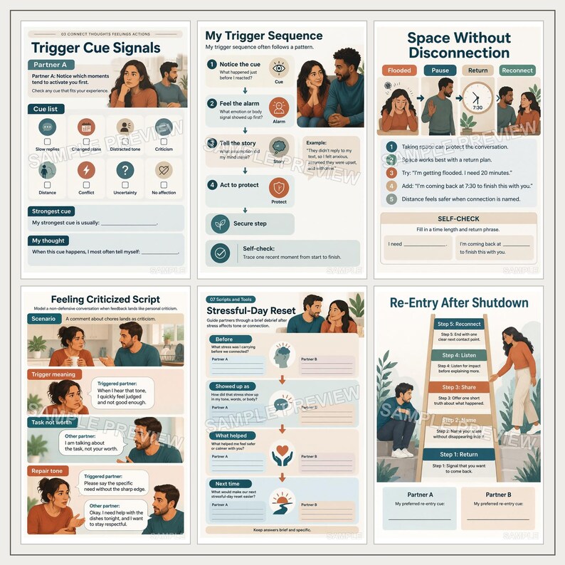 May include: A set of six educational therapy worksheets featuring illustrations of couples and instructional text. Topics include Trigger Cue Signals, My Trigger Sequence, Space Without Disconnection, Feeling Criticized Script, Stressful-Day Reset, and Re-Entry After Shutdown.