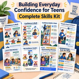 May include: A set of eight educational posters titled Building Everyday Confidence for Teens Complete Skills Kit. The posters feature colorful illustrations, diagrams, and text explaining psychological concepts like confidence building, mind reading mistakes, and asking for help.