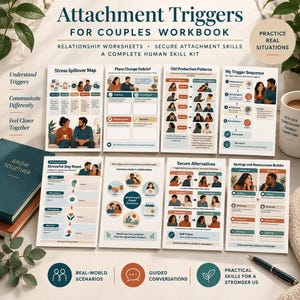 May include: A workbook titled Attachment Triggers for Couples featuring eight instructional pages with diagrams, text, and illustrations of couples. The pages cover topics like stress maps, trigger sequences, and relationship skill-building exercises.