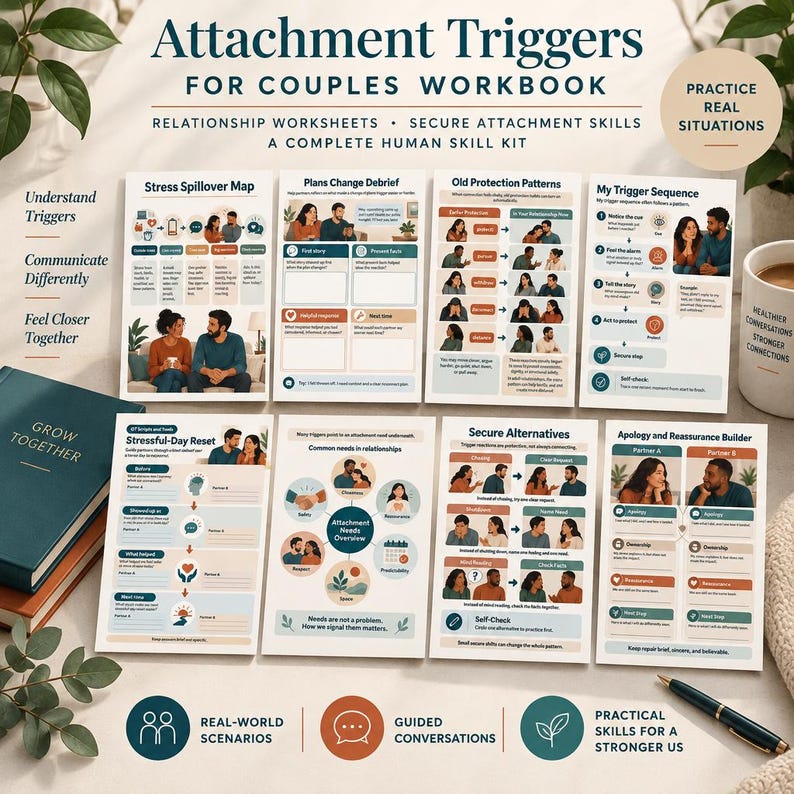 May include: A workbook titled Attachment Triggers for Couples featuring eight instructional pages with diagrams, text, and illustrations of couples. The pages cover topics like stress maps, trigger sequences, and relationship skill-building exercises.