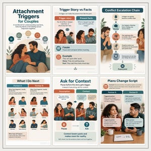 May include: A six-panel educational workbook for couples titled Attachment Triggers for Couples. It features illustrations of partners, diagrams explaining conflict escalation, trigger stories, and scripts for managing reactions and communication.
