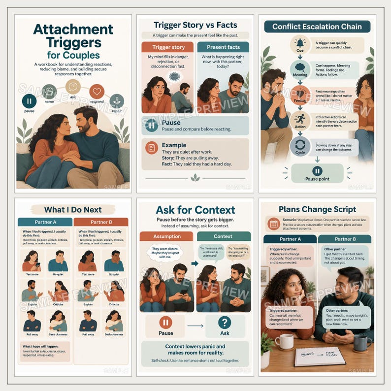 May include: A six-panel educational workbook for couples titled Attachment Triggers for Couples. It features illustrations of partners, diagrams explaining conflict escalation, trigger stories, and scripts for managing reactions and communication.